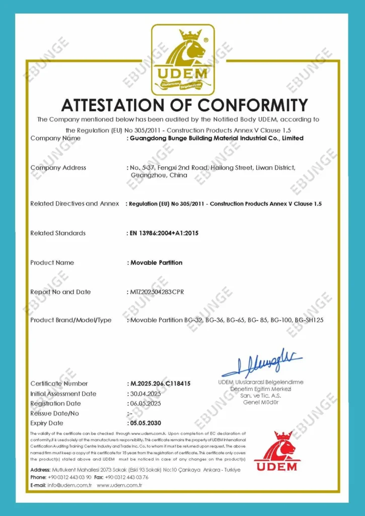 EBUNGE movable partition attestation of conformity