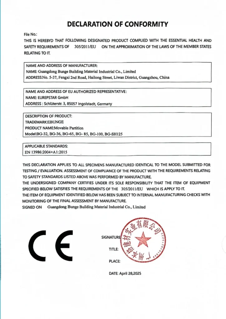 EBUNGE movable partition declaration of conformity