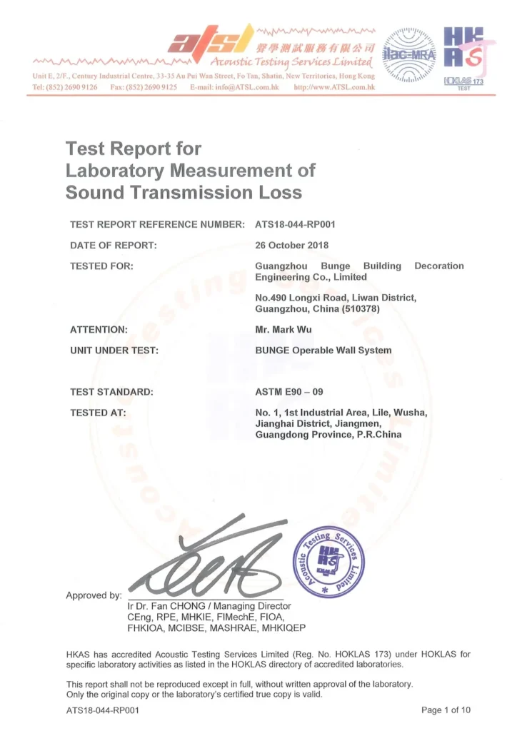 BUNGE operable wall acoustic test report