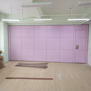Classroom Acoustic Operable Folding Wall Partitions Wooden Leather Finish Pink Color