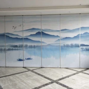 Collapsing Landscape Painting Leather Wooden Movable Partition Walls For Hotel