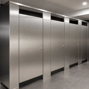 Brushed 304 stainless steel toilet cubicles in a public transport washroom