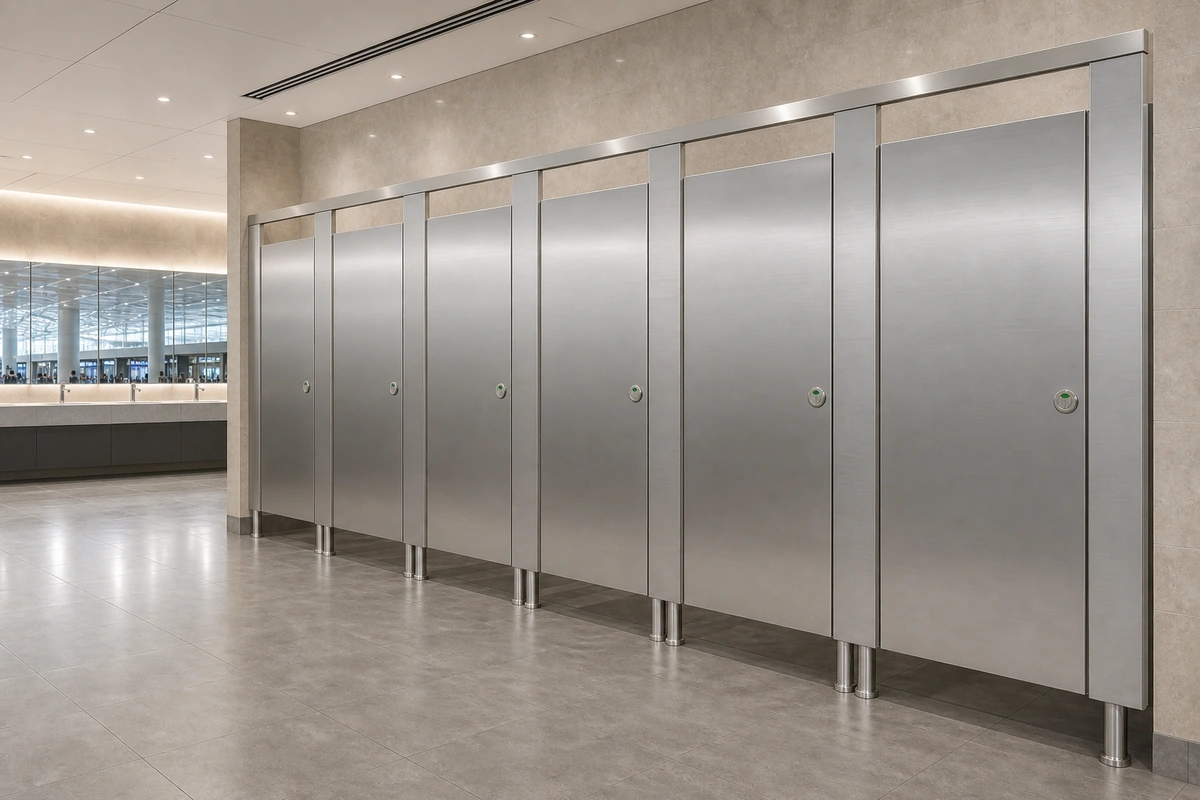 Brushed stainless steel 304 brushed stainless-steel panels toilet partitions in a metro or industrial public washroom