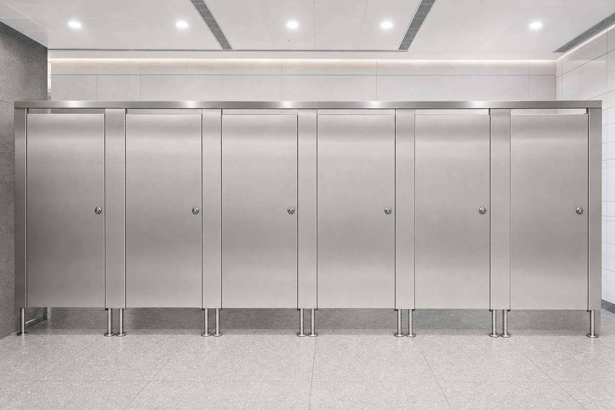 304 brushed stainless-steel panels toilet partition stainless headrail and pilaster-shoe detail