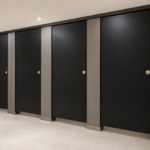 Matte-black water-resistant toilet partitions in a bright gym