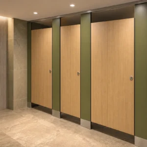Olive 18 mm HPL toilet partitions with stainless hardware