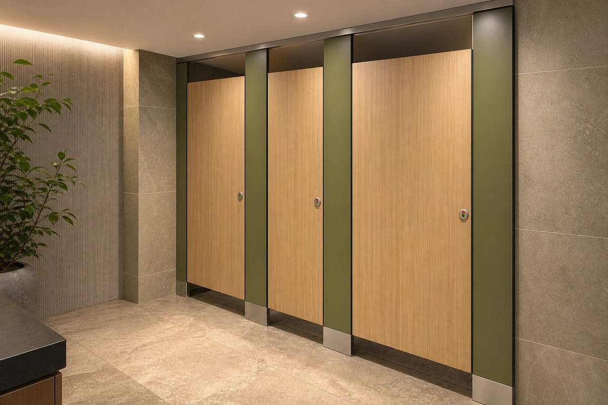 Olive 18 mm HPL toilet partitions with stainless hardware