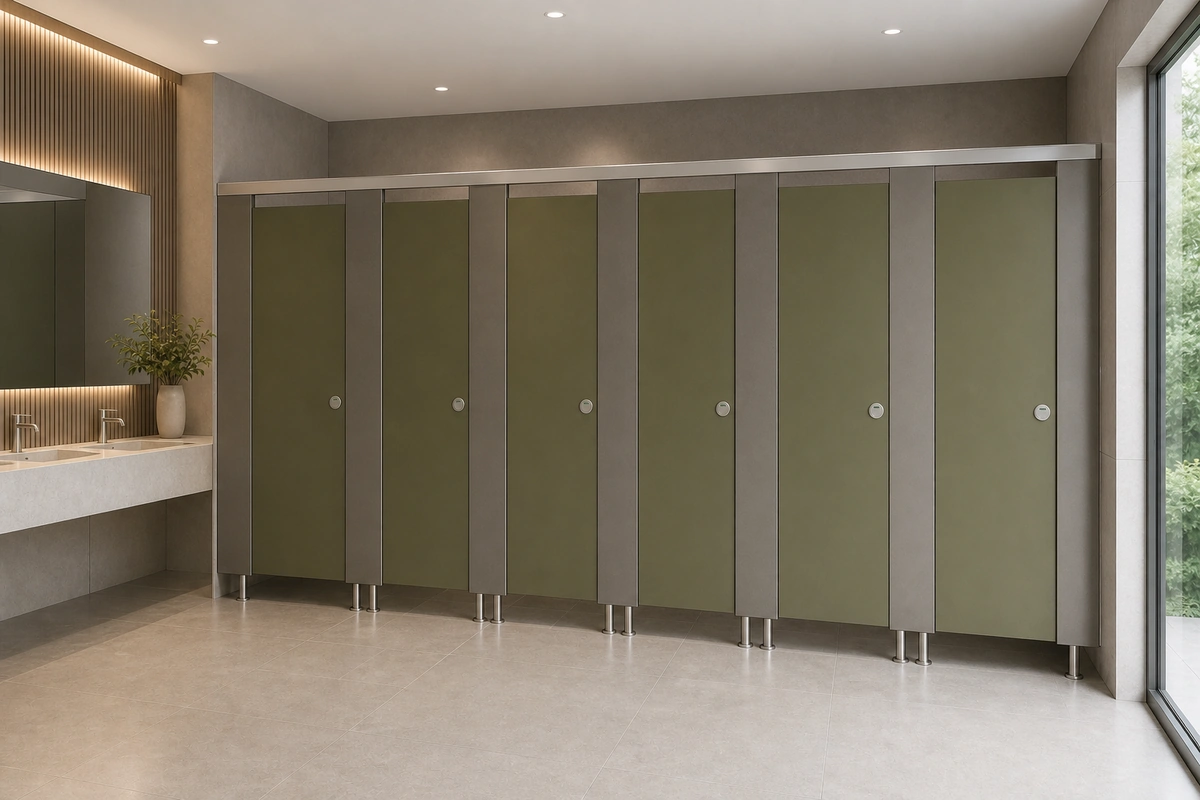 Olive green 18 mm compact laminate/HPL toilet partitions in a contemporary restaurant washroom