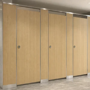 Light-oak HPL toilet partitions with 304 stainless steel hardware