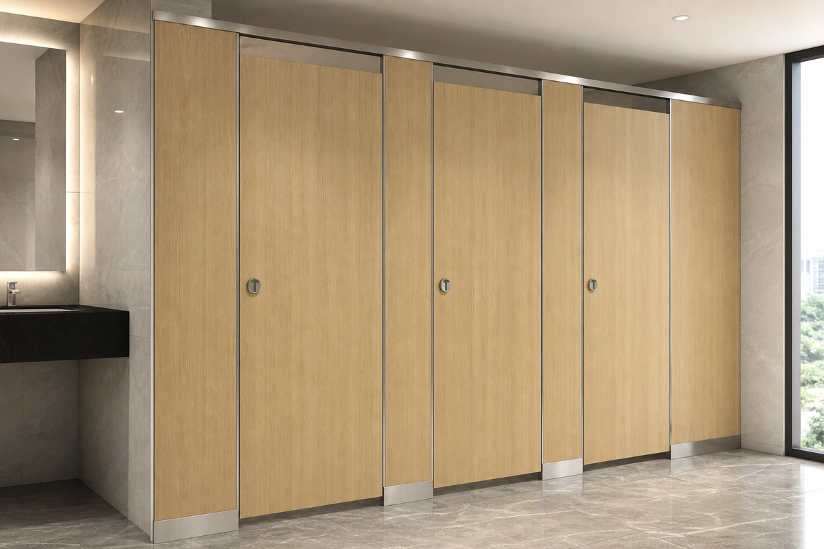 Light-oak HPL toilet partitions with 304 stainless steel hardware