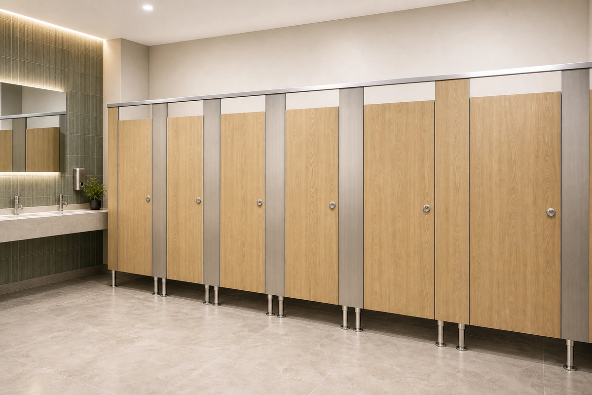 Light oak High pressure laminate panels with 304 stainless hardware toilet partitions in a executive office washroom