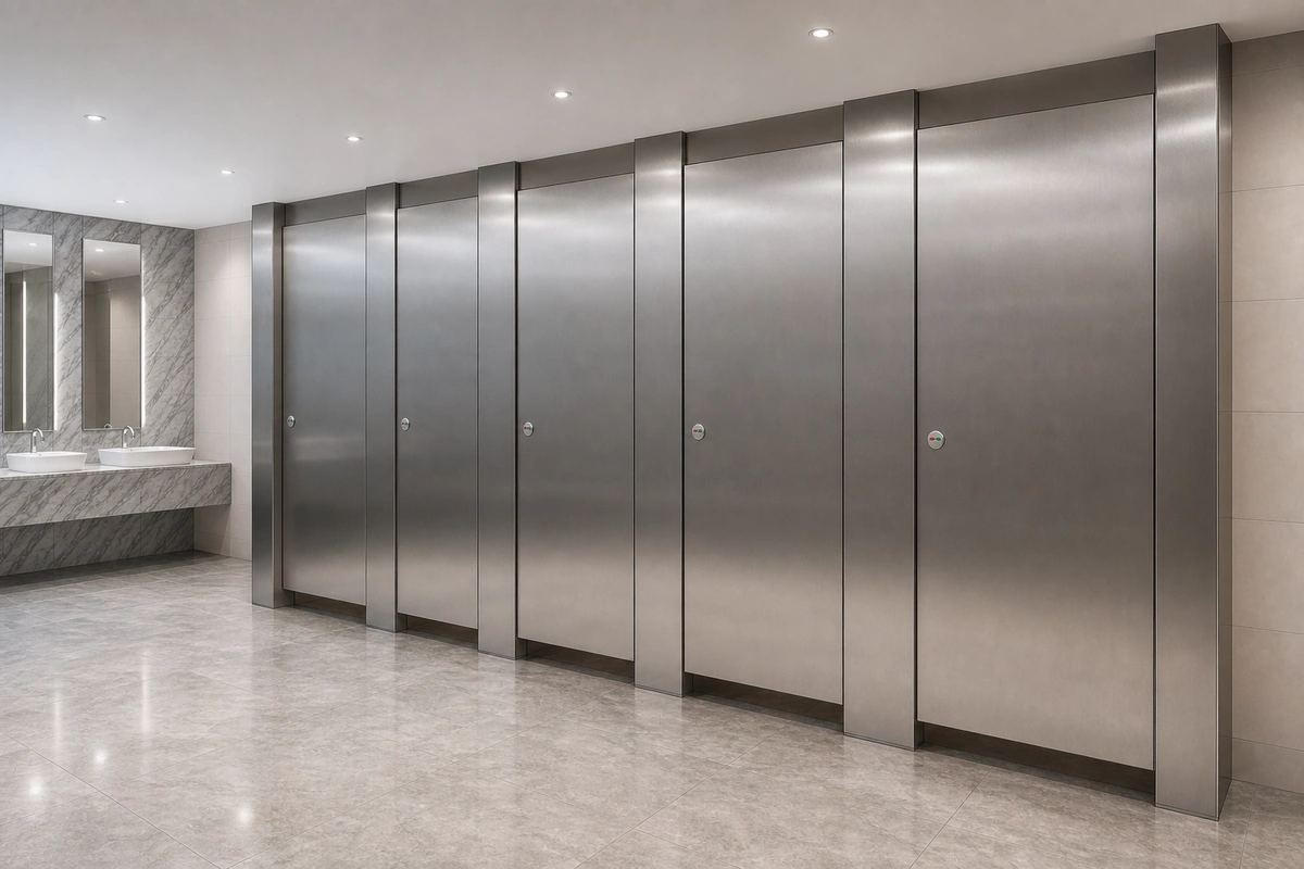 Brushed stainless steel 304 brushed stainless-steel panels toilet partitions in a airport premium washroom