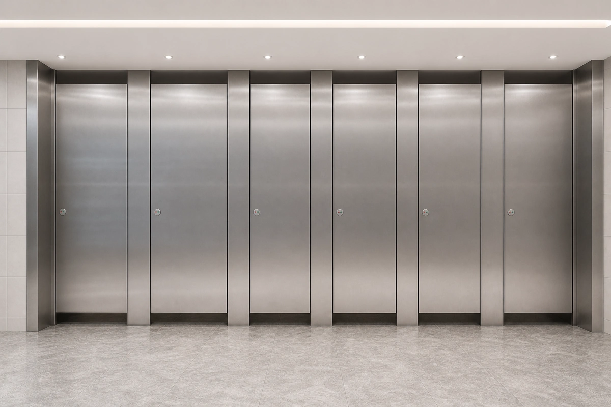 304 brushed stainless-steel panels toilet partition floor-to-ceiling stainless profile detail