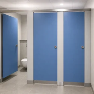 Pale-gray easy-install toilet partitions in a training center