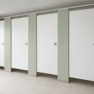 White and soft-green easy-clean toilet partitions