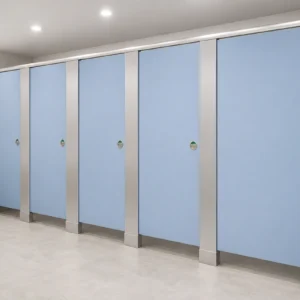 Light-blue accessible toilet cubicle partitions in a medical building