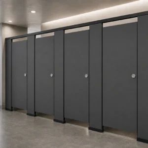Charcoal high-durability toilet partitions in a stadium washroom