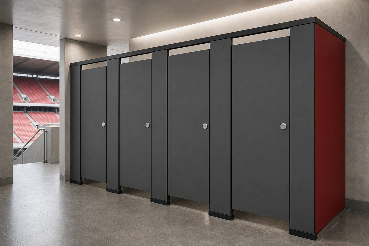 Charcoal high-durability toilet partitions in a stadium washroom