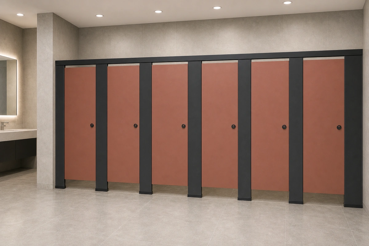 Charcoal gray Compact laminate/HPL toilet partitions in a sports stadium washroom