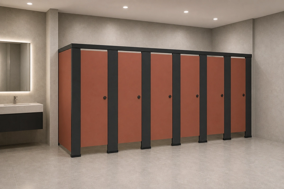 Compact laminate/HPL toilet partition panel and black shoe detail