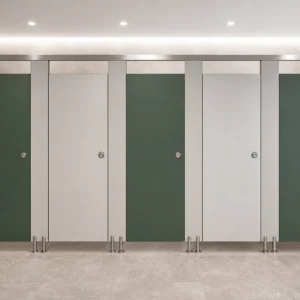 Green floor-mounted toilet partitions with correctly placed supports