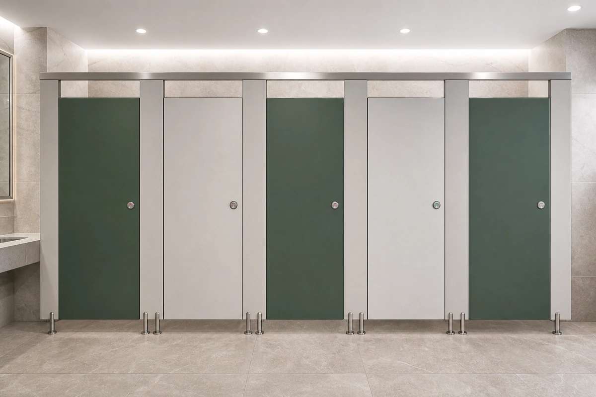 Green floor-mounted toilet partitions with correctly placed supports