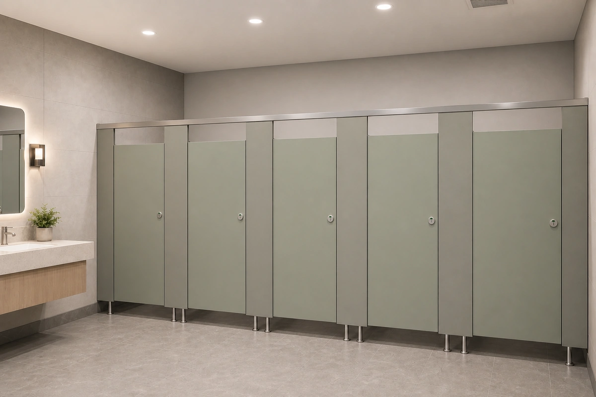 Deep green Compact laminate/HPL toilet partitions in a shopping center washroom