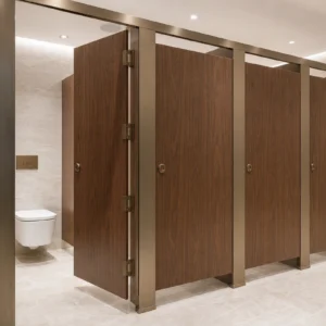Dark walnut full-privacy toilet partitions in a boutique hotel