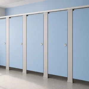 Colorful compact laminate toilet partitions for a school washroom