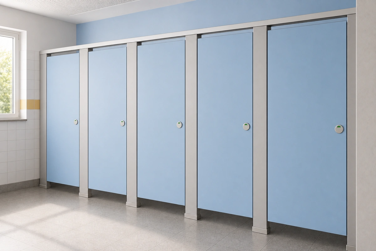 Colorful compact laminate toilet partitions for a school washroom