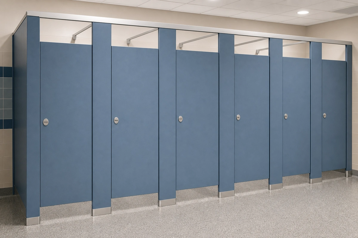 Soft blue Compact laminate/HPL toilet partitions in a school washroom