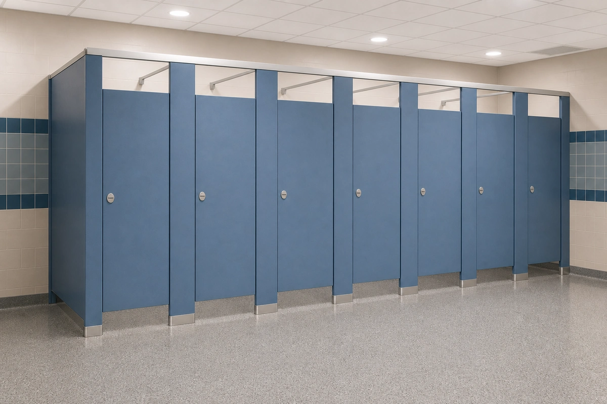 Compact laminate/HPL toilet partition color-finish and aluminum shoe detail