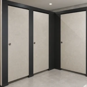 Stone-pattern toilet partitions in a civic public washroom