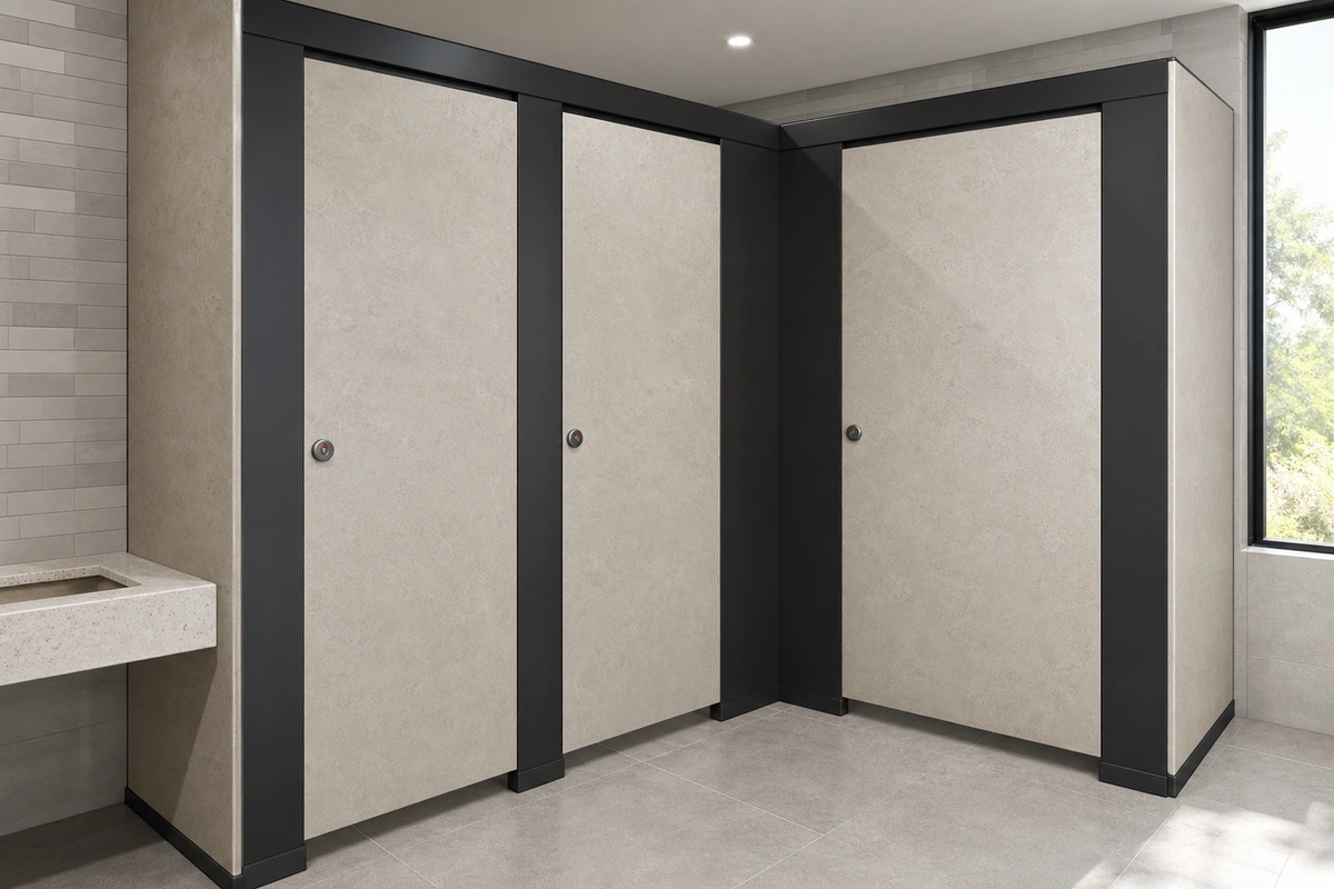Stone-pattern toilet partitions in a civic public washroom