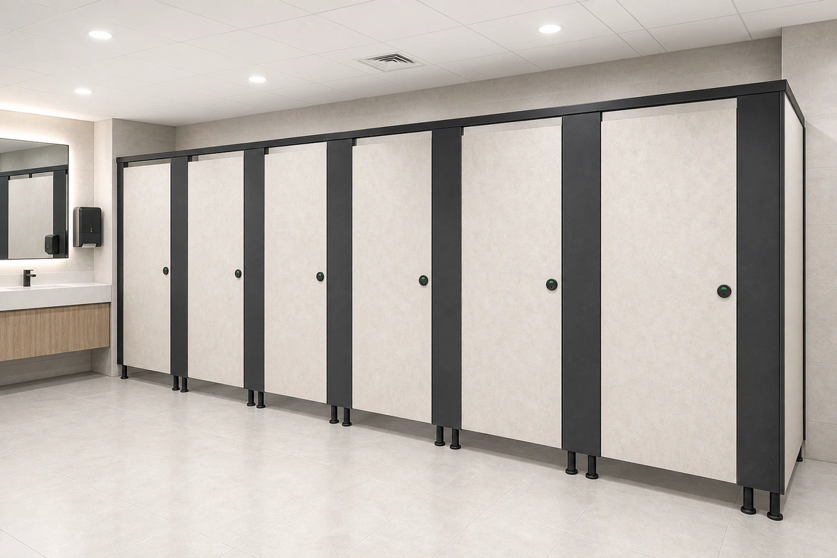Stone pattern Compact laminate/HPL toilet partitions in a civic public building washroom