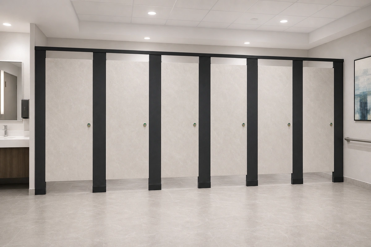 Compact laminate/HPL toilet partition stone-finish panel edge detail