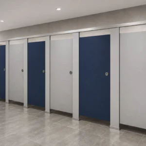 Navy high-traffic toilet partitions in a transport hub