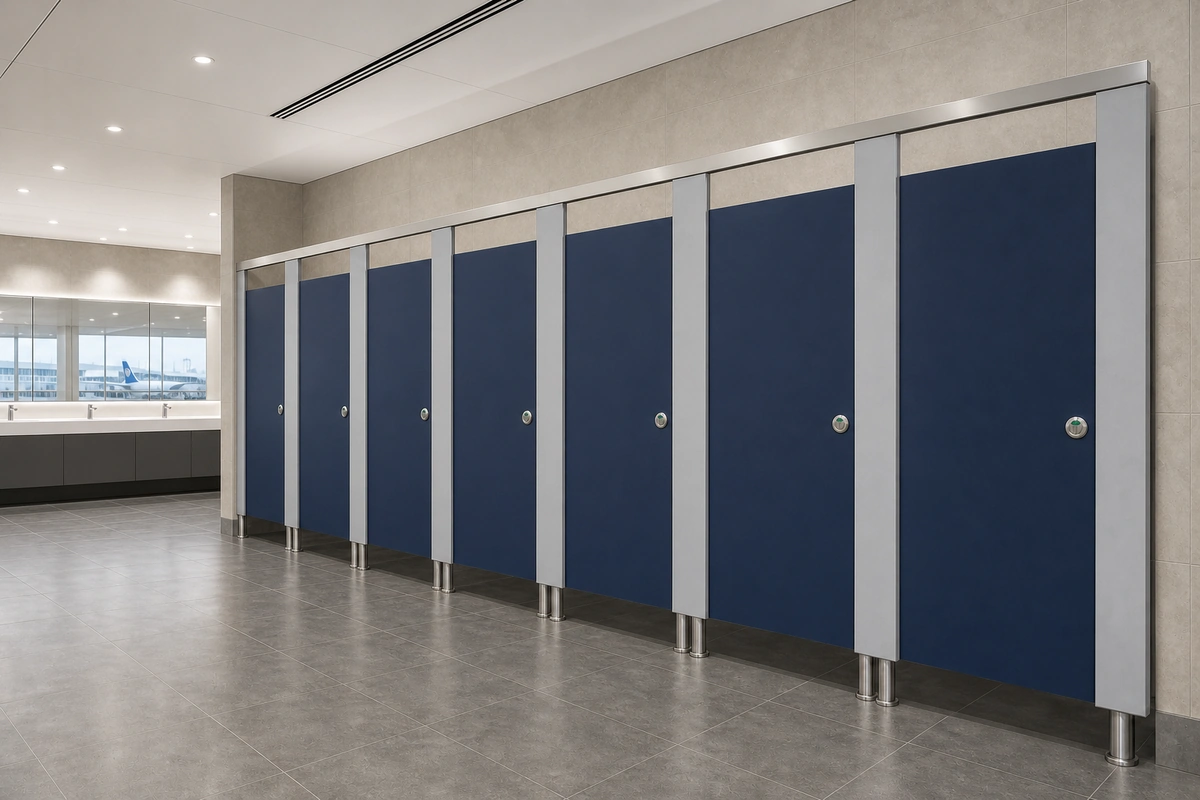 Navy Compact laminate/HPL toilet partitions in a airport or transit-hub washroom