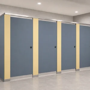 Blue-gray HPL toilet partitions with visible compact panel edges