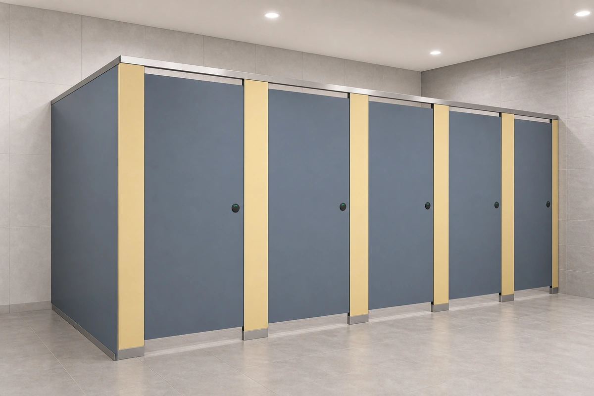 Blue-gray HPL toilet partitions with visible compact panel edges