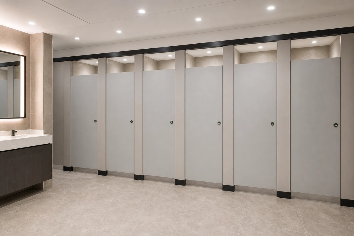 Blue gray High pressure laminate toilet partitions in a university washroom