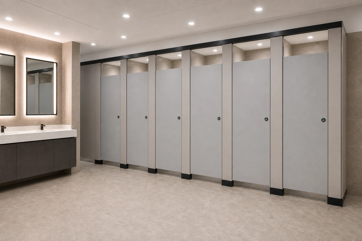 High pressure laminate toilet partition fast-install shoe and headrail connection detail
