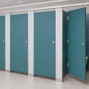 Modern teal hinged toilet cubicles in a public washroom
