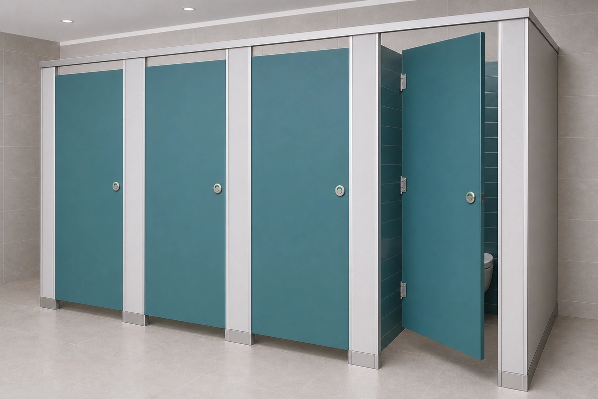 Modern teal hinged toilet cubicles in a public washroom