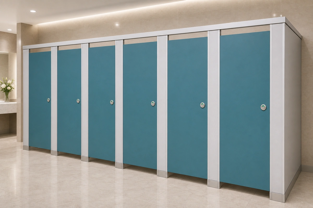 Teal Compact laminate/HPL toilet partitions in a modern public building washroom