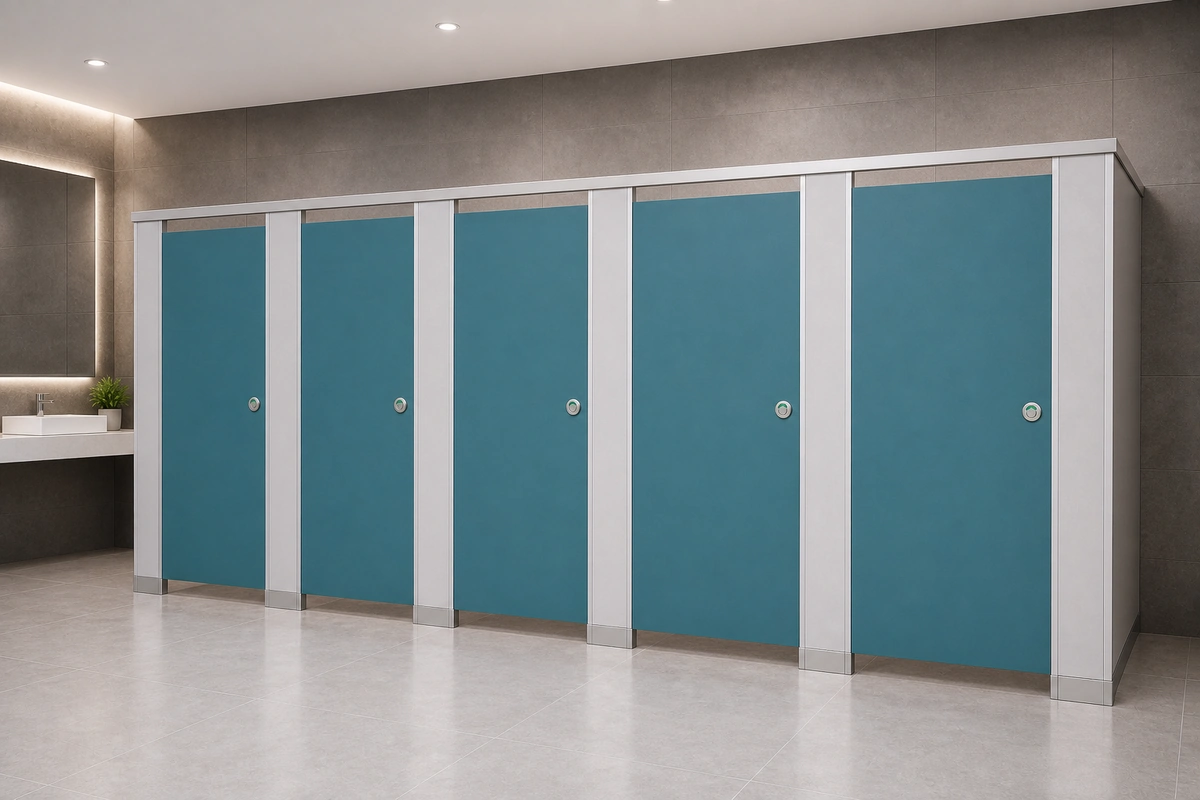 Compact laminate/HPL toilet partition aluminum pilaster shoe installation detail