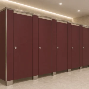 Burgundy HPL toilet partitions with 304 stainless steel hardware
