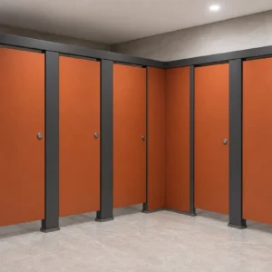 Terracotta custom toilet partitions in an exhibition center