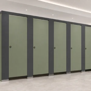 Sage water-resistant toilet cubicles in a fitness club washroom
