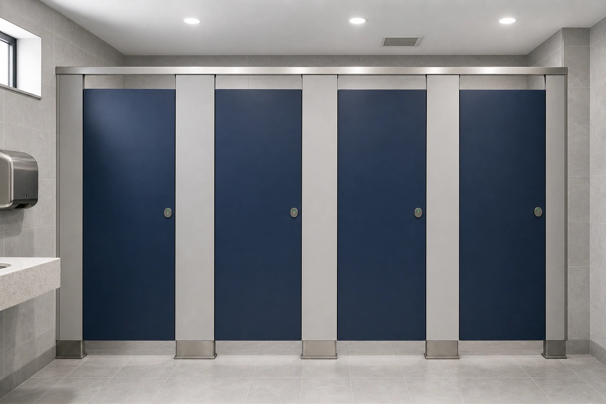 Navy floor-mounted compact laminate toilet cubicles
